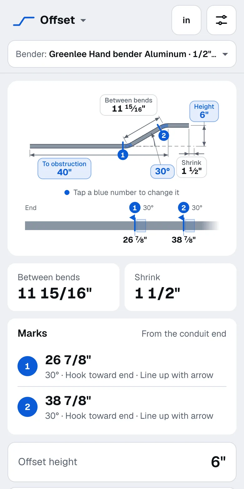 BendMate on a phone, showing the marks for an offset